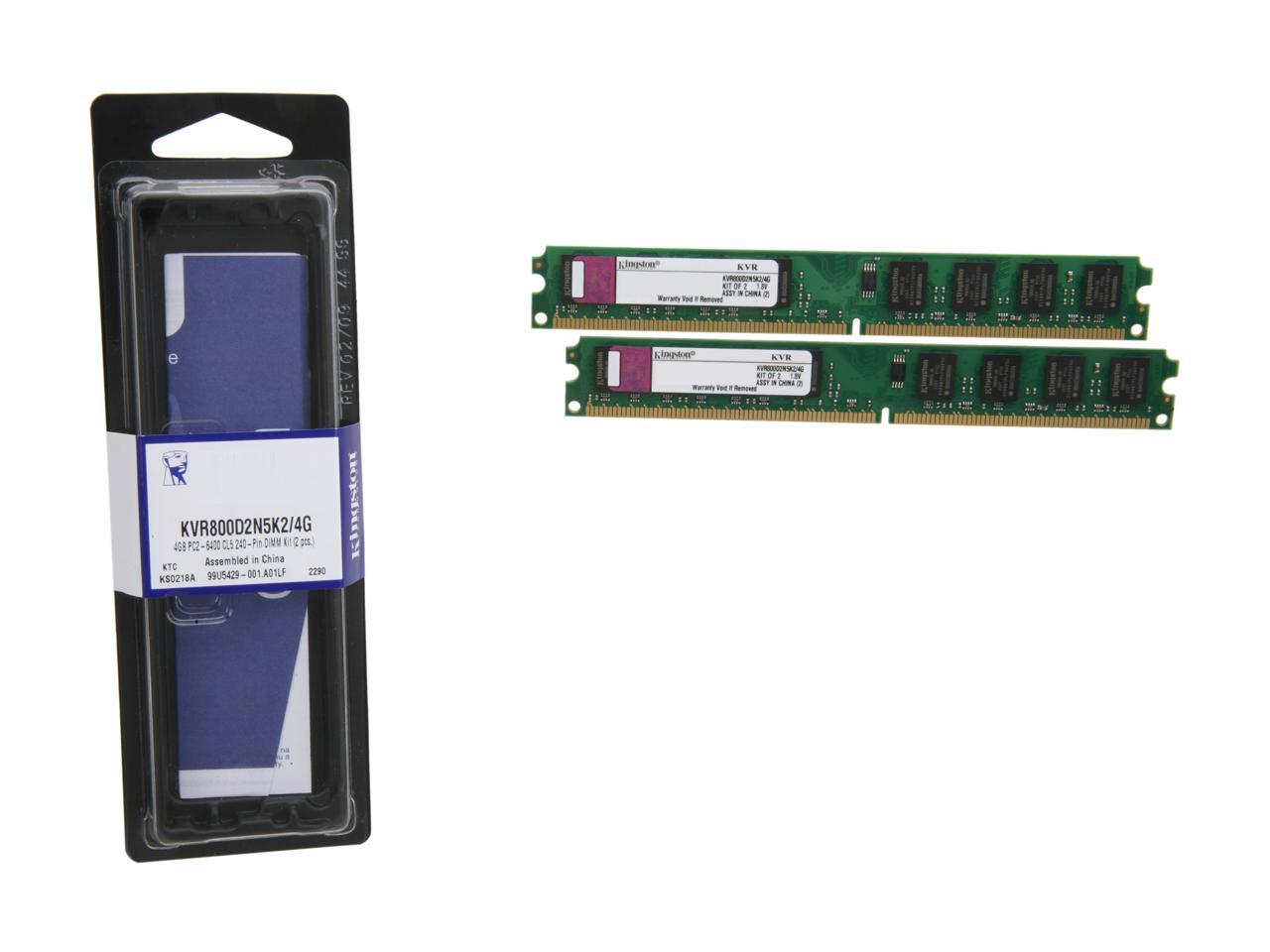 Kingston ValueRAM 4GB (2 x 2GB) 240-Pin DDR2 SDRAM DDR2 800 (PC2 6400) Major Brand Chipset Dual Channel Kit Desktop Memory Model KVR800D2N5K2/4G