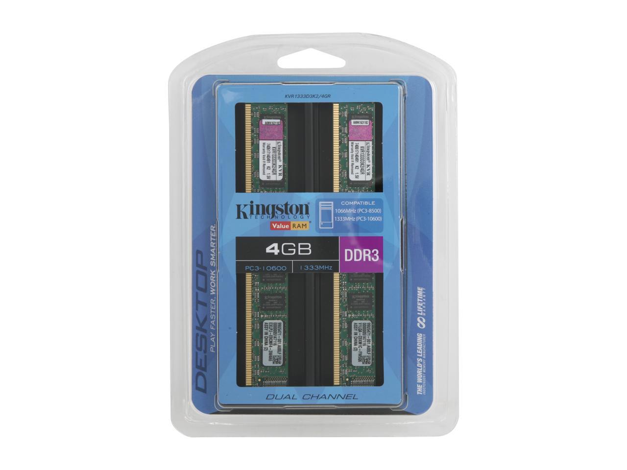 Kingston ValueRAM 4GB (2 x 2GB) 240-Pin DDR3 SDRAM DDR3 1333 (PC3 10600) Desktop Memory Model KVR1333D3K2/4GR