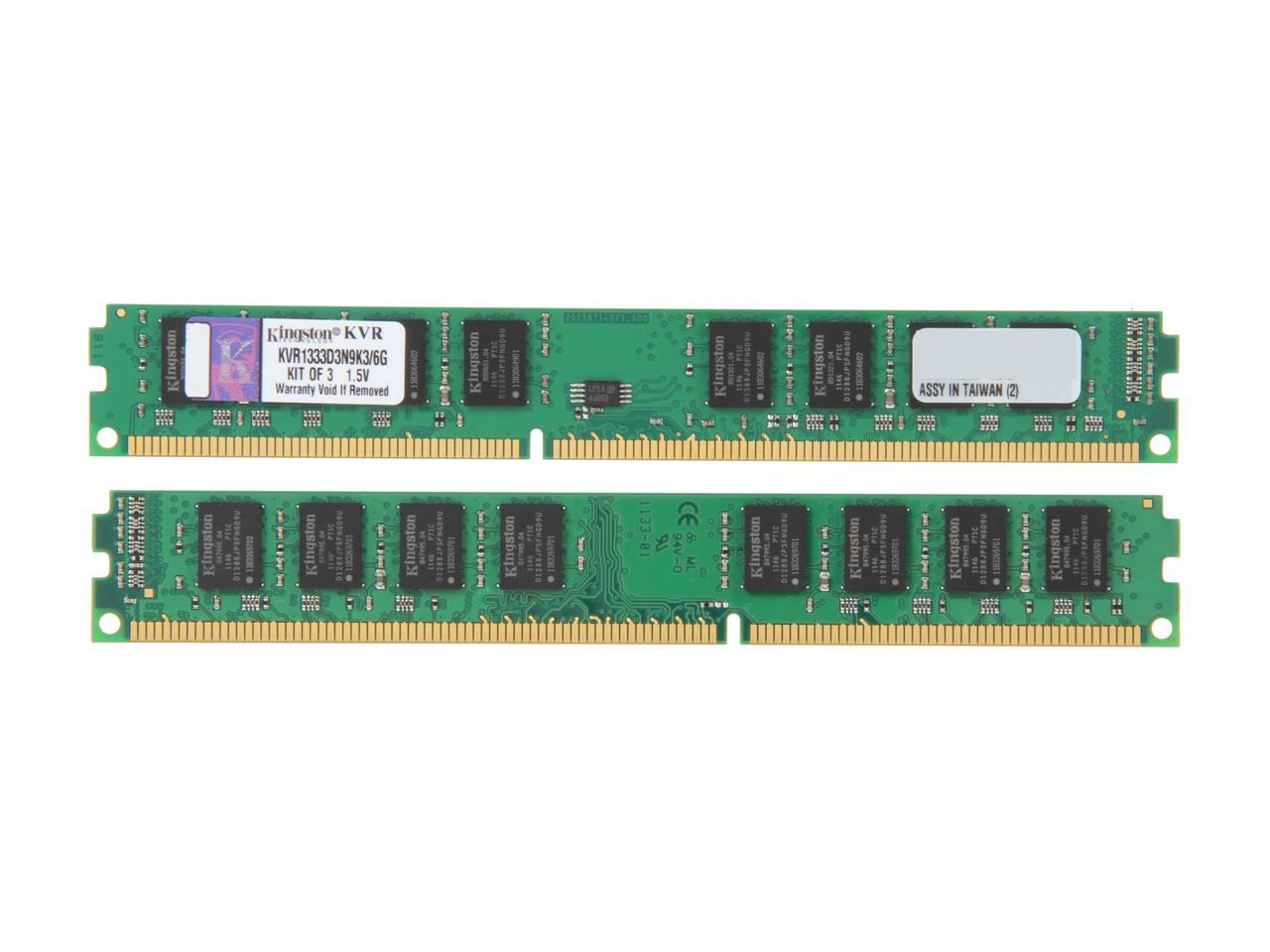 Kingston 6GB (3 x 2GB) 240-Pin DDR3 SDRAM DDR3 1333 (PC3 10600) Triple Channel Kit Desktop Memory Model KVR1333D3N9K3/6G