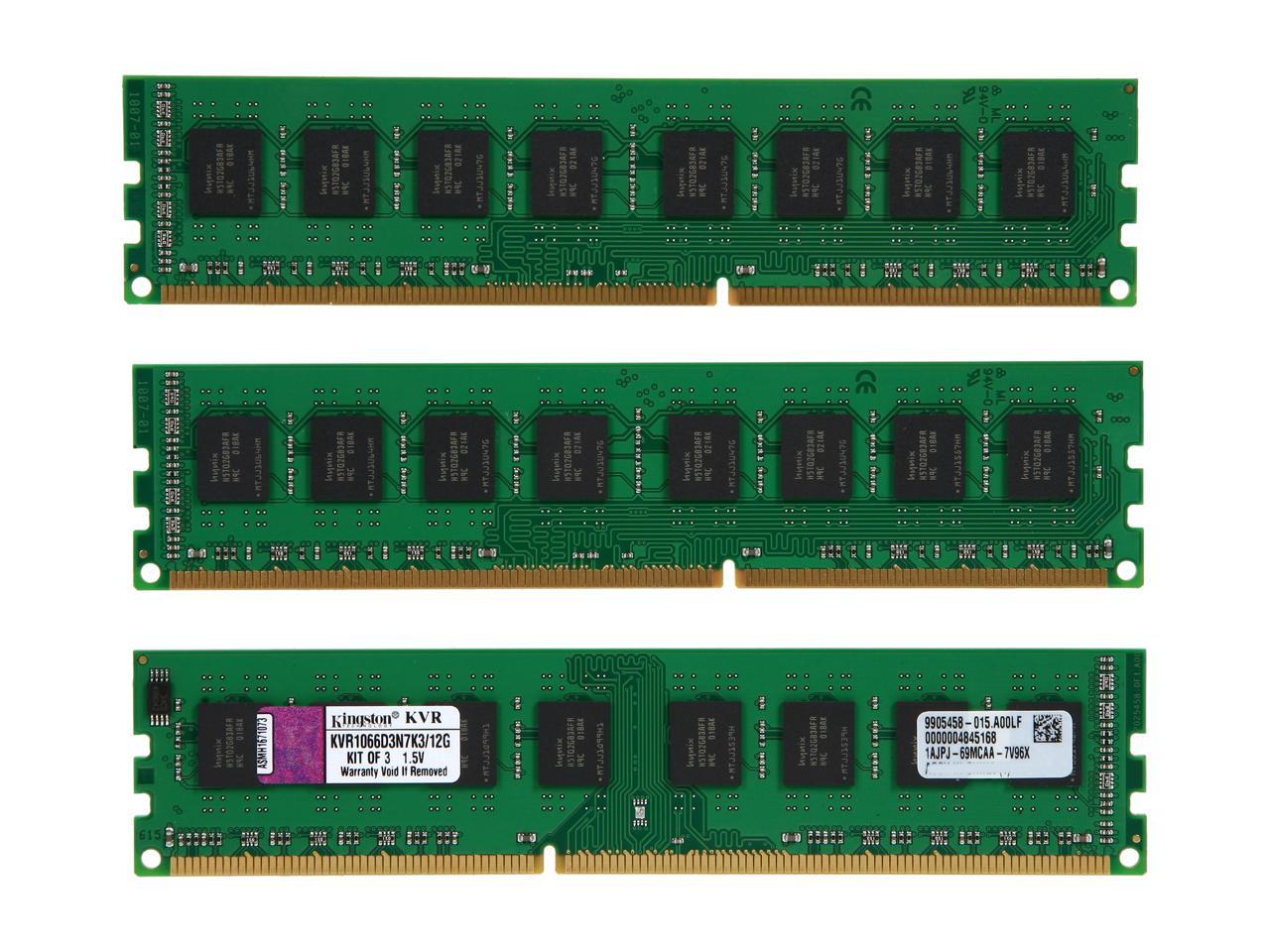 Kingston 12GB (3 x 4GB) 240-Pin DDR3 SDRAM DDR3 1066 (PC3 8500) Desktop Memory Model KVR1066D3N7K3/12G