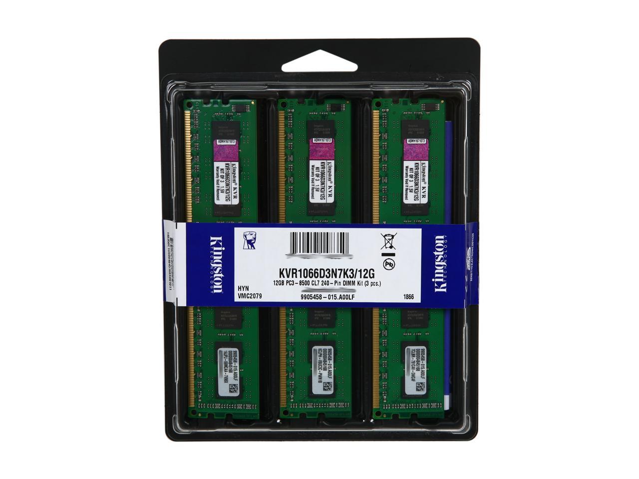 Kingston 12GB (3 x 4GB) 240-Pin DDR3 SDRAM DDR3 1066 (PC3 8500) Desktop Memory Model KVR1066D3N7K3/12G