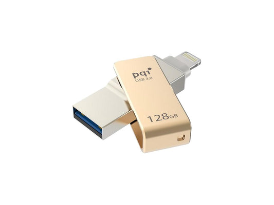 PQI iConnect Mini [Apple MFi] 128GB Mobile Flash Drive w/ Lightning Connector for iPhones / iPads / iPod / Mac & PC USB 3.0 (Gold) Model 6I04-128GR2001