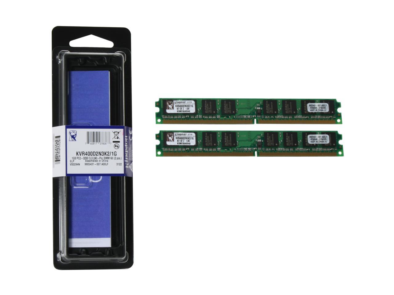 Kingston ValueRAM 1GB (2 x 512MB) 240-Pin DDR2 SDRAM DDR2 400 (PC2 3200) Dual Channel Kit System Memory Model KVR400D2N3K2/1G