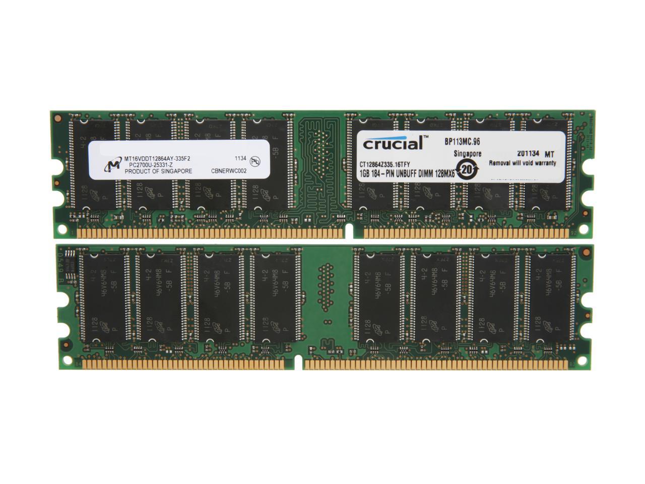 Crucial 2GB (2 x 1GB) 184-Pin DDR SDRAM DDR 333 (PC 2700) Dual Channel Kit Desktop Memory Model CT2KIT12864Z335