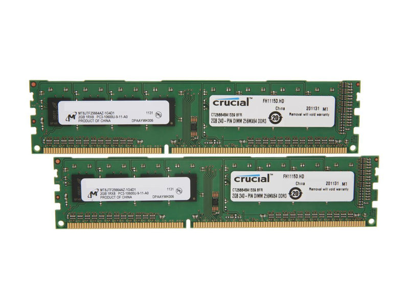 Crucial 4GB (2 x 2GB) 240-Pin DDR3 SDRAM DDR3 1333 (PC3 10600) Micron Chipset Dual Channel Kit Desktop Memory Model CT2KIT25664BA1339