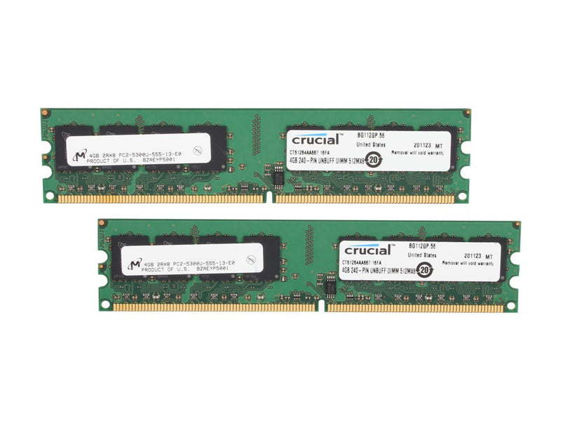 Crucial 8GB (2 x 4GB) 240-Pin DDR2 SDRAM DDR2 667 (PC2 5300) Desktop Memory Model CT2KIT51264AA667