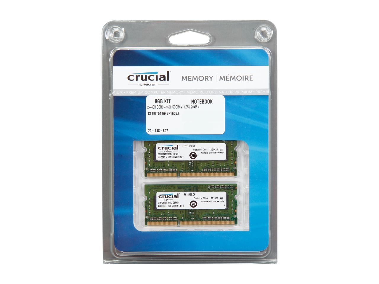 Crucial 8GB (2 x 4GB) 204-Pin DDR3 SO-DIMM DDR3L 1600 (PC3L 12800) Laptop Memory Model CT2KIT51264BF160BJ