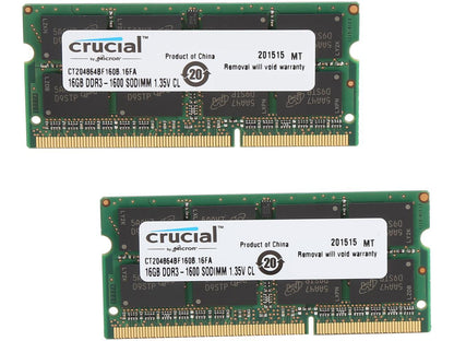 Crucial 32GB (2 x 16GB) 204-Pin DDR3 SO-DIMM DDR3L 1600 (PC3L 12800) Laptop Memory Model CT2KIT204864BF160B