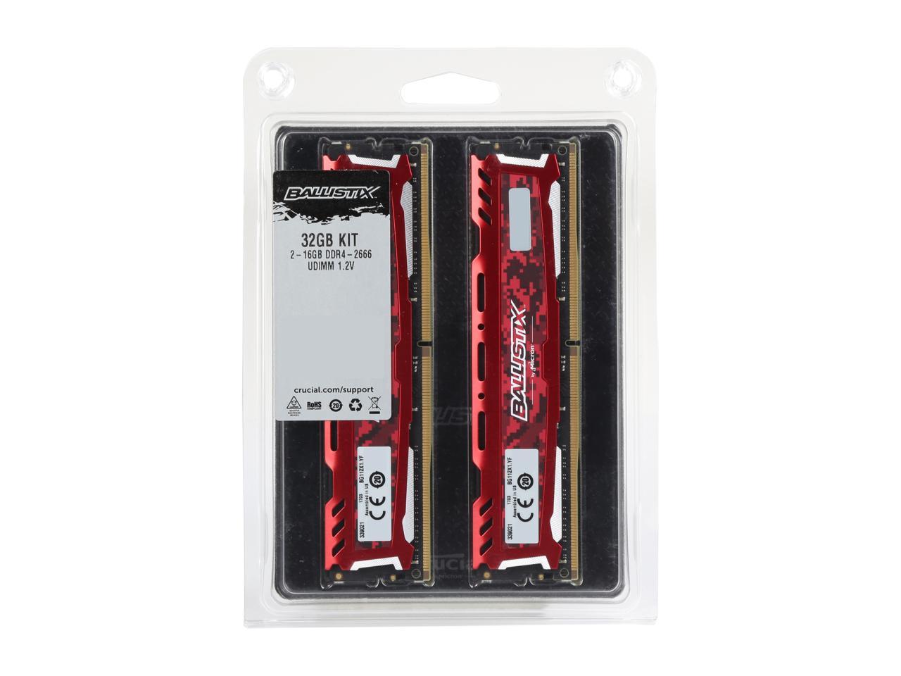 Ballistix Sport LT 32GB Kit (16GBx2) DDR4 2666 MT/s (PC4-21300) DR x8 DIMM 288-Pin - BLS2K16G4D26BFSE (Red)