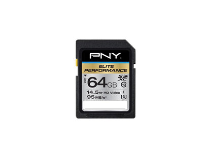 PNY 64GB Elite Performance SDXC UHS-I/U3 Class 10 Memory Card, Speed Up to 95MB/s (P-SDX64U395-GE)