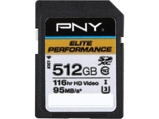 PNY 512GB Elite Performance SDXC UHS-I/U3 Class 10 Memory Card, Speed Up to 95MB/s (P-SDX512U3H-GE)