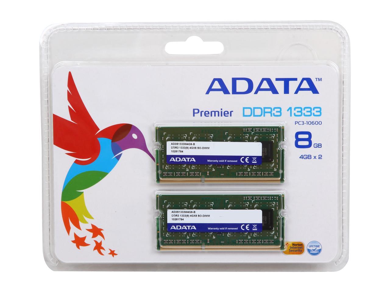 Premier Series 8GB (2 x 4GB) 204-Pin DDR3 SO-DIMM DDR3 1333 Laptop Memory Model AD3S1333W4G9-2
