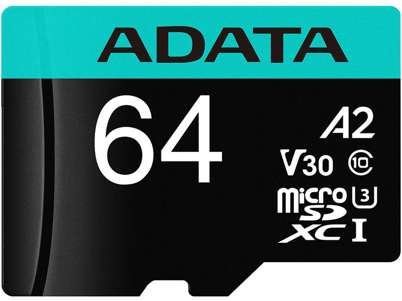 ADATA 64GB Premier Pro microSDXC UHS-I U3 / Class 10 V30 A2 Memory Card with SD Adapter, Speed Up to 100MB/s (AUSDX64GUI3V30SA2-RA1)