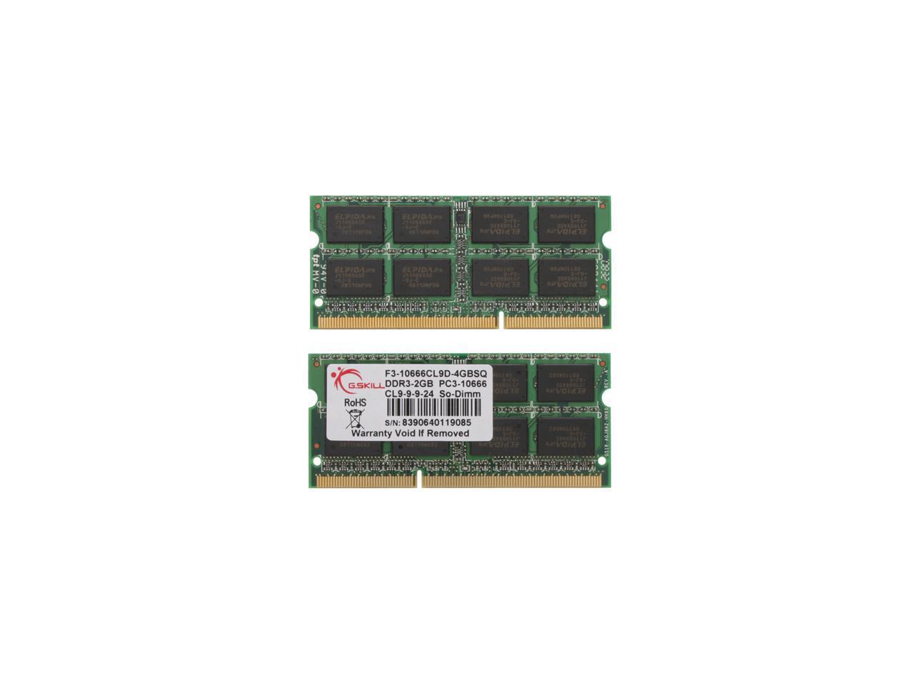 G.SKILL 4GB (2 x 2GB) 204-Pin DDR3 SO-DIMM DDR3 1333 (PC3 10666) Dual Channel Kit Laptop Memory Model F3-10666CL9D-4GBSQ