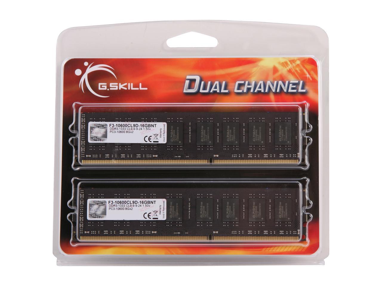 G.SKILL Value Series 16GB (2 x 8GB) 240-Pin DDR3 SDRAM DDR3 1333 (PC3 10600) Desktop Memory Model F3-10600CL9D-16GBNT