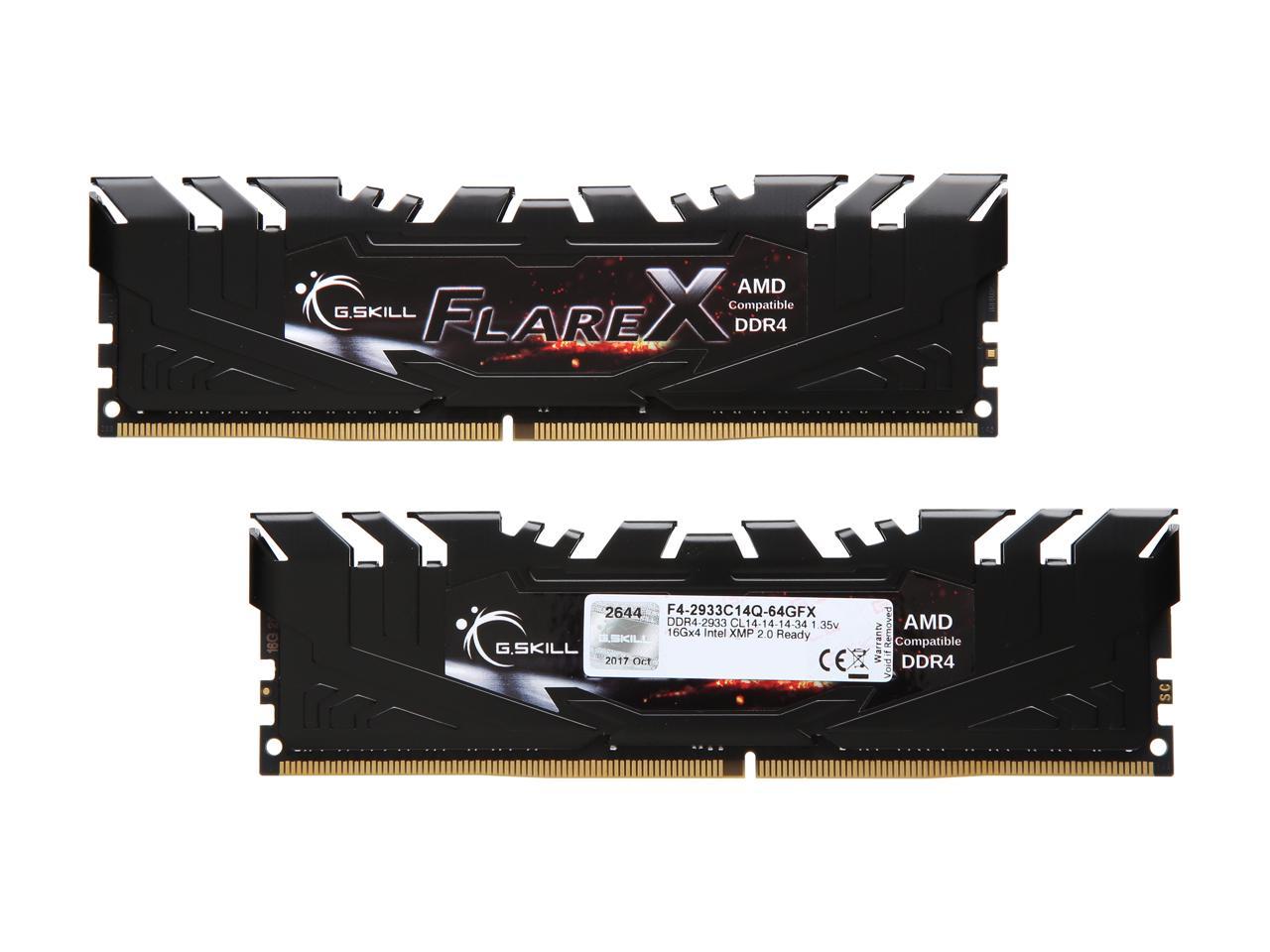 G.SKILL Flare X Series 64GB (4 x 16GB) 288-Pin DDR4 SDRAM DDR4 2933 (PC4 23400) AMD X399 Desktop Memory Model F4-2933C14Q-64GFX