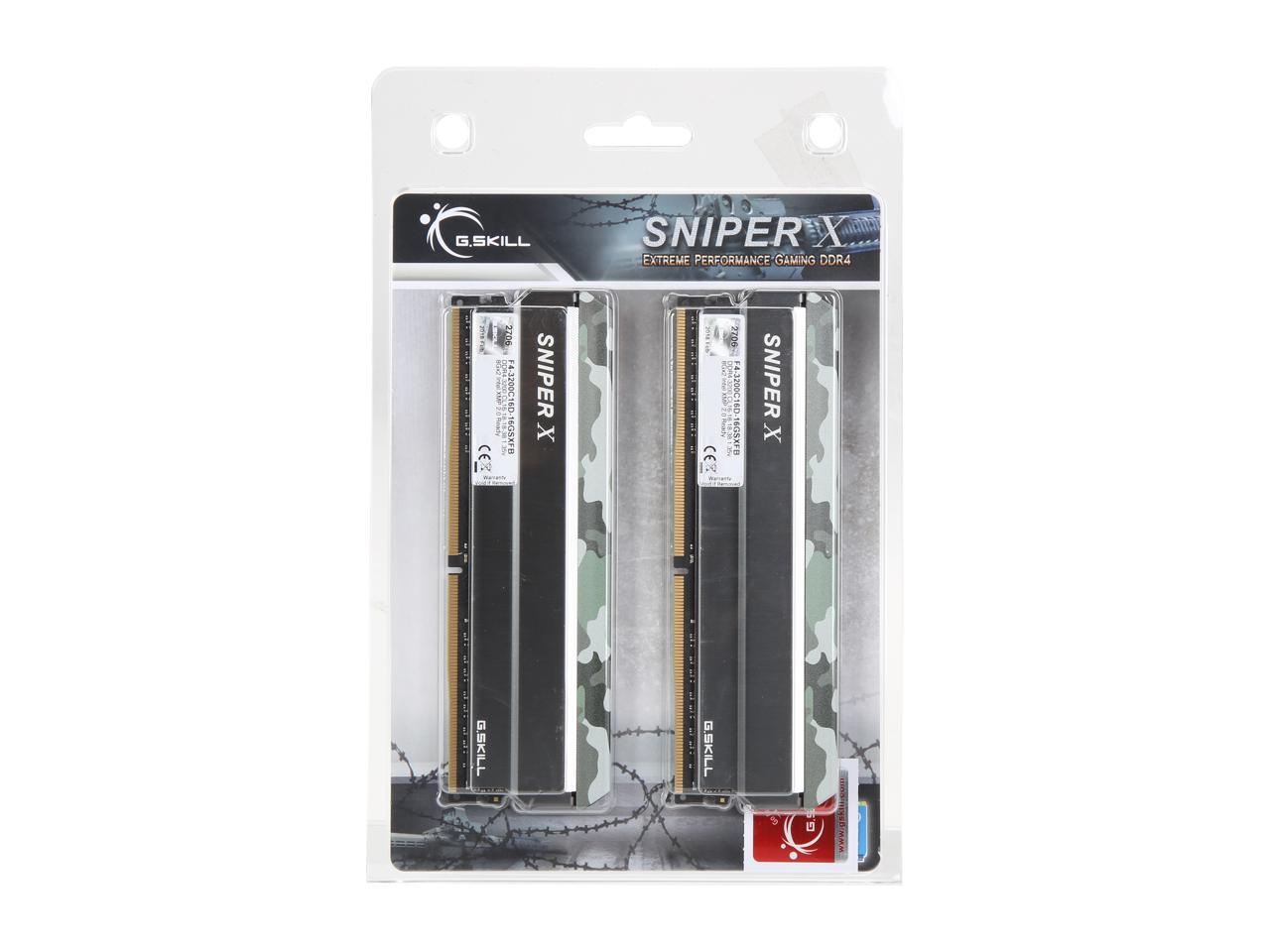 G.SKILL Sniper X Series 16GB (2 x 8GB) 288-Pin DDR4 SDRAM DDR4 3200 (PC4 25600) Intel X299 / Z370 / Z270 / Z170 Desktop Memory Model F4-3200C16D-16GSXFB