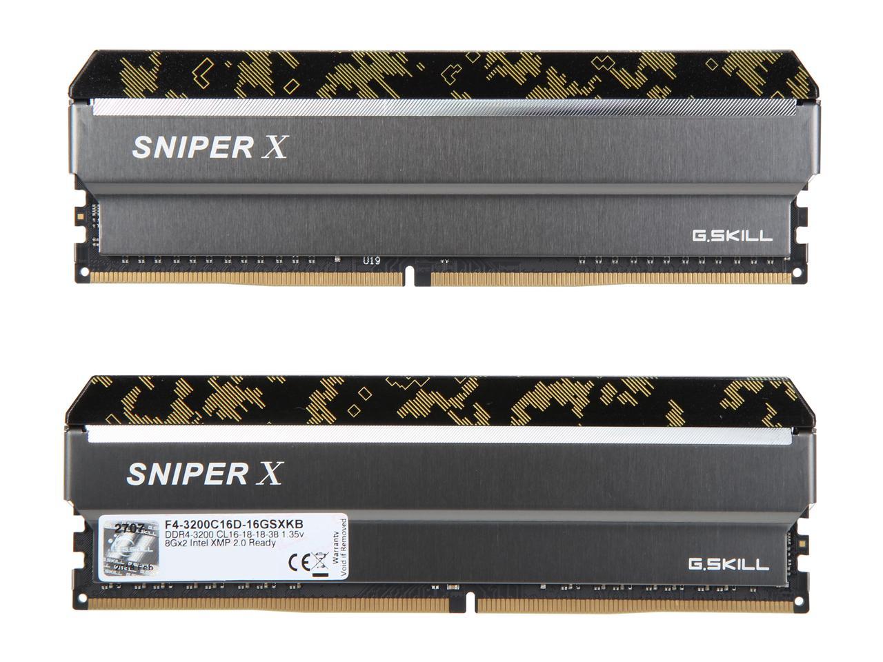 G.SKILL Sniper X Series 16GB (2 x 8GB) 288-Pin DDR4 SDRAM DDR4 3200 (PC4 25600) Intel X299 / Z370 / Z270 / Z170 Desktop Memory Model F4-3200C16D-16GSXKB