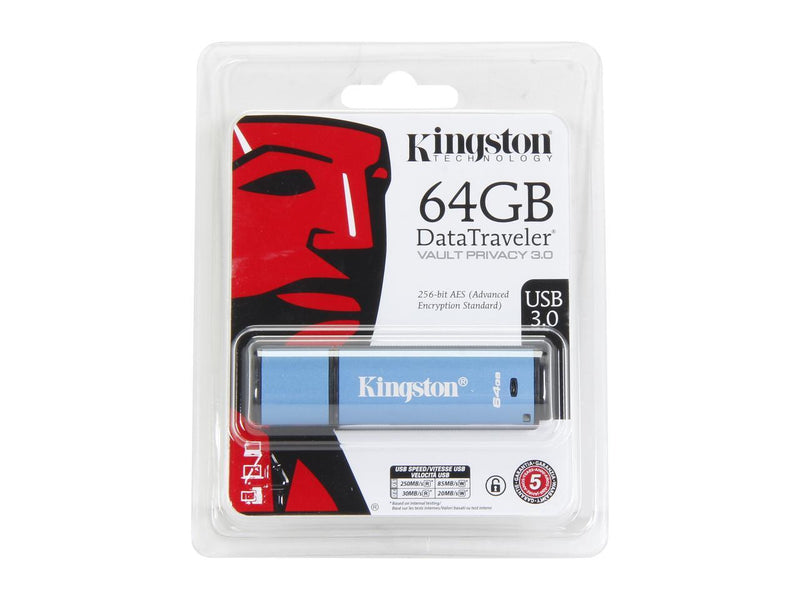 Kingston 64GB Data Traveler AES Encrypted Vault Privacy 256Bit USB 3.0 Flash Drive (DTVP30/64GB)