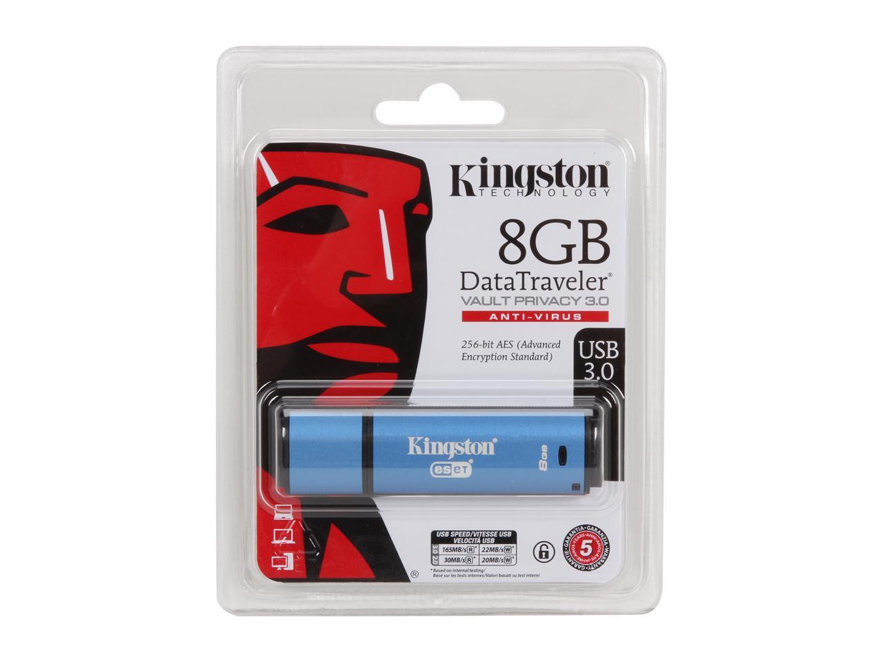 Kingston 8GB Data Traveler AES Encrypted Vault Privacy 256Bit USB 3.0 Flash Drive with ESET AV (DTVP30AV/8GB)