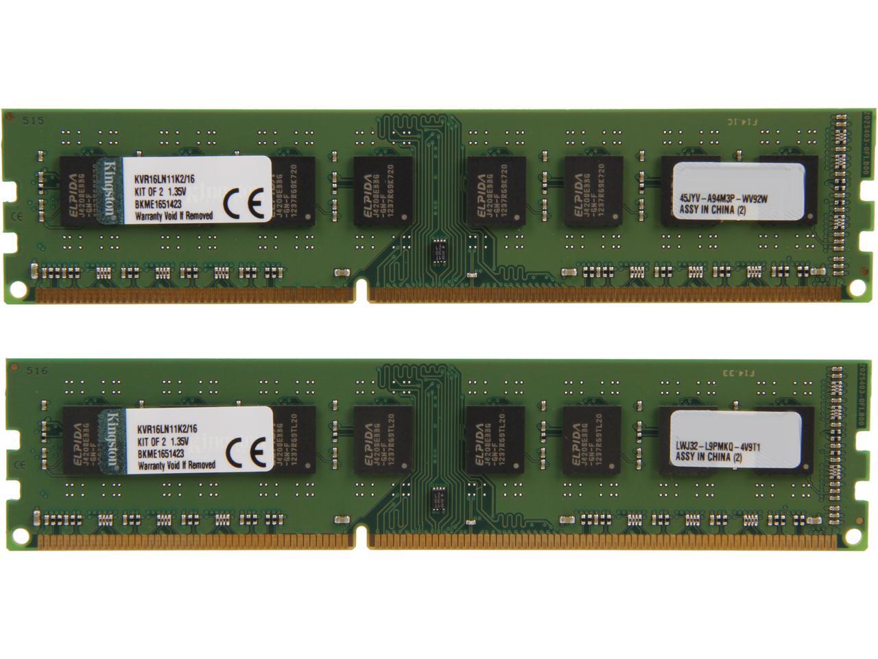 Kingston 16GB (2 x 8GB) 240-Pin DDR3 SDRAM DDR3L 1600 (PC3L 12800) Desktop Memory Model KVR16LN11K2/16