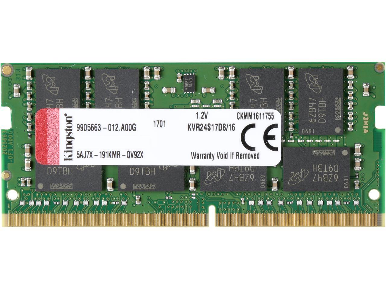 Kingston ValueRAM 16GB 2400MHz DDR4 Non-ECC CL17 SODIMM 2Rx8 (Notebook Memory) KVR24S17D8/16