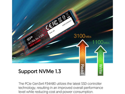 Silicon Power 256GB - NVMe M.2 2280 PCIe Gen3 x4 TLC R/W up to 3,100/1,100 MB/s SSD (SP256GBP34A80M28)
