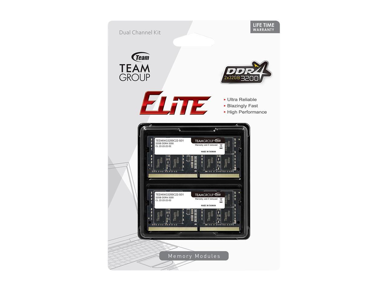 Team Elite 64GB (2 x 32GB) 260-Pin DDR4 SO-DIMM DDR4 3200 (PC4 25600) Laptop Memory Model TED464G3200C22DC-S01