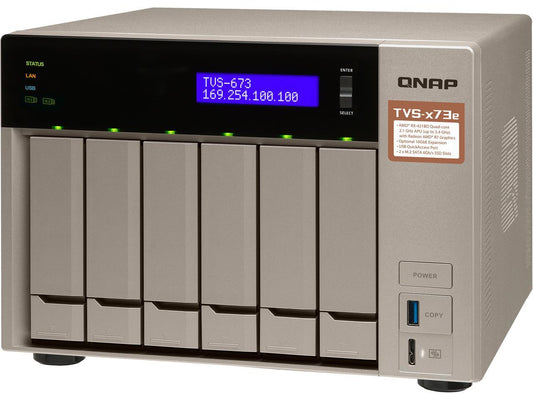 Qnap 6-bay NAS/iSCSI IP-SAN, AMD R series Quad-core 2.1GHz, 8GB RAM, 10G-ready (TVS-673e-8G-US)