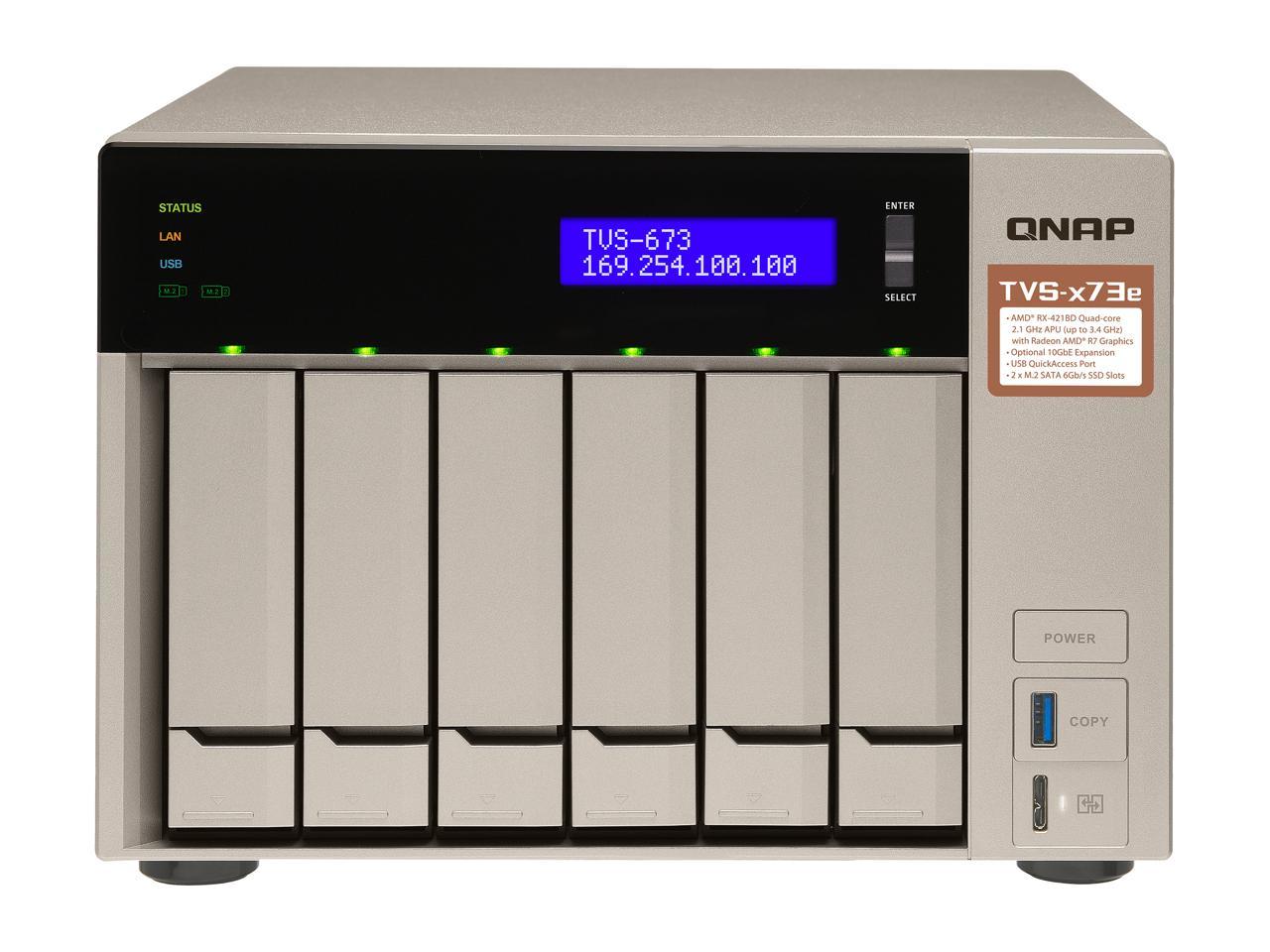 Qnap 6-bay NAS/iSCSI IP-SAN, AMD R series Quad-core 2.1GHz, 4GB RAM, 10G-ready (TVS-673e-4G-US)