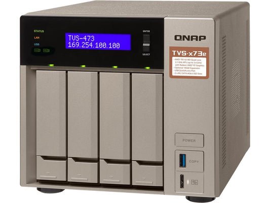 Qnap 4-bay NAS/iSCSI IP-SAN, AMD R series Quad-core 2.1GHz, 8GB RAM, 10G-ready (TVS-473e-8G-US)