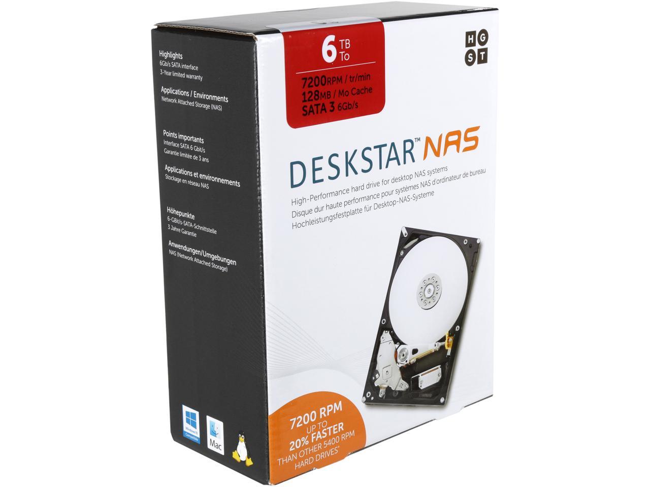 HGST DeskStar NAS 3.5" 6TB 7200 RPM 128MB Cache SATA 6.0Gb/s High-Performance Hard Drive for Desktop NAS Systems Retail Packaging 0S04007
