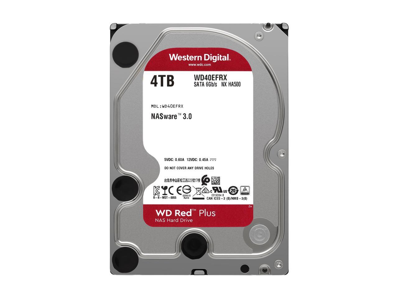 WD Red Plus 4TB NAS Hard Disk Drive - 5400 RPM Class SATA 6Gb/s, CMR, 64MB Cache, 3.5 Inch - WD40EFRX