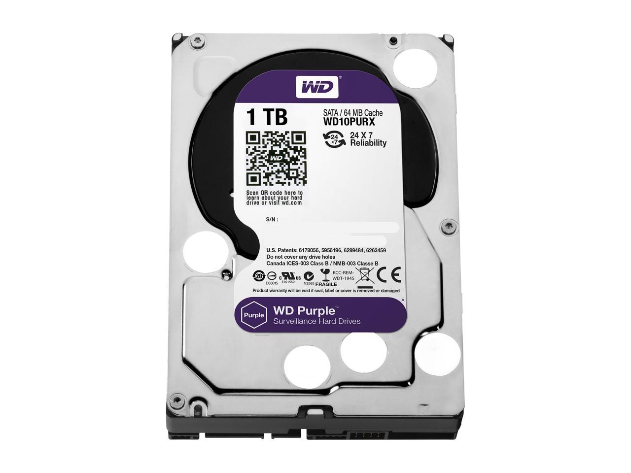 WD Purple 1TB Surveillance Hard Disk Drive - 5400 RPM Class SATA 6Gb/s 64MB Cache 3.5 Inch WD10PURX