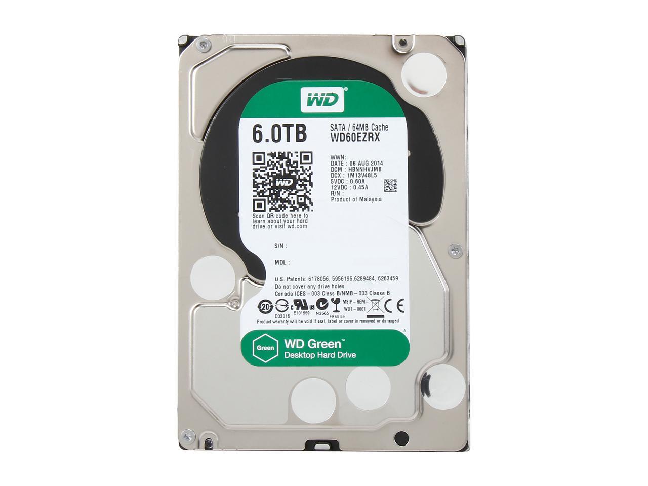 WD Green WD60EZRX 6TB IntelliPower 64MB Cache SATA 6.0Gb/s 3.5" Internal Hard Drive