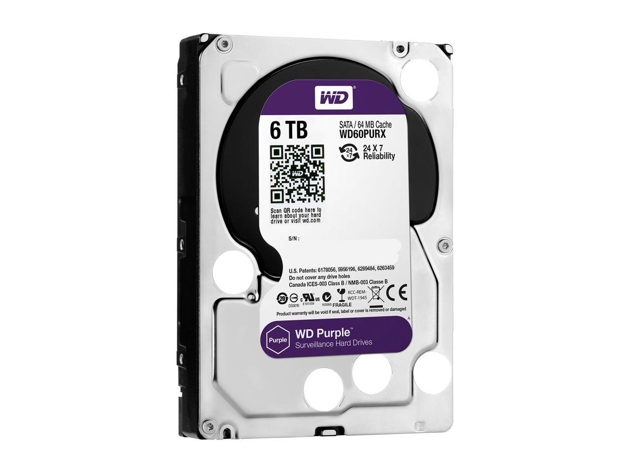 WD Purple 6TB Surveillance Hard Disk Drive - 5400 RPM Class SATA 6Gb/s 64MB Cache 3.5 Inch WD60PURX