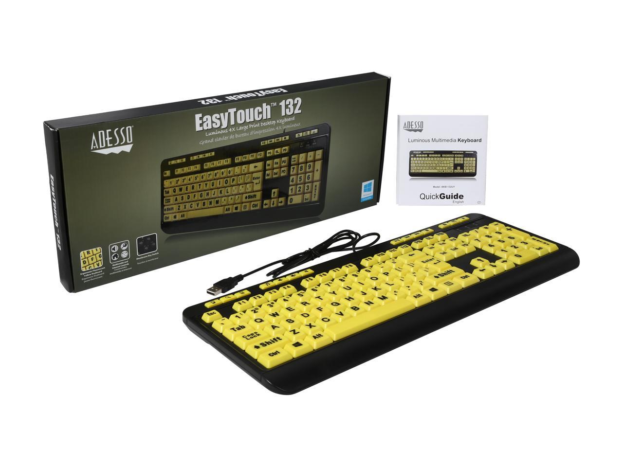 Adesso AKB-132UY EasyView Luminouse high contract 4X large print yellow keycap, multimedia USB keyboard, for low vision