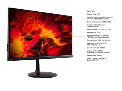 Acer Nitro XV282K KVbmiipruzx 28" 3840x2160 UHD IPS 144Hz 1ms VESA Certified HDR400 DCI-P3 90% FreeSync Premium, HDMI2.1 DisplayPort USB Type-C, Tilt Swivel Pivot Height Adjust Speaker Gaming Monitor