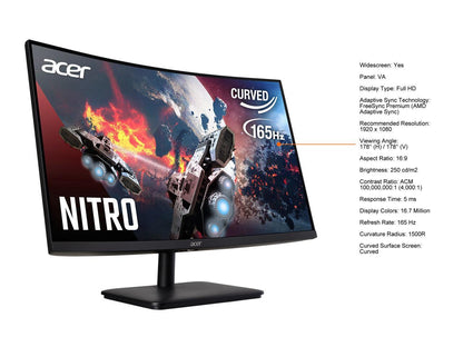 Acer ED0 ED270R Sbiipx 27" Full HD 1920 x 1080 165 Hz HDMI, DisplayPort, Headphone FreeSync Premium (AMD Adaptive Sync) Curved Gaming Monitor