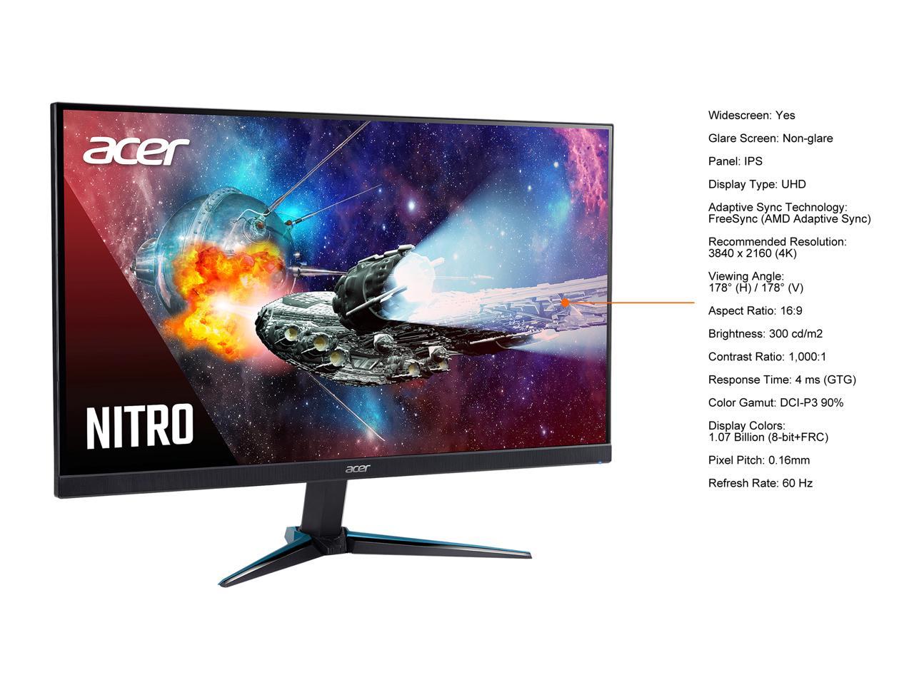 Acer Nitro VG281K bmiipx 28" UHD 3840 x 2160 (4K) 60 Hz HDMI, DisplayPort, Audio FreeSync (AMD Adaptive Sync) Built-in Speakers IPS Gaming Monitor