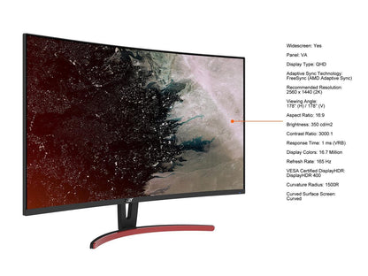 Acer ED323QU Pbmiipx 32" (31.5" Viewable) QHD 2560 x 1440 (2K) 165 Hz HDMI, DisplayPort, Audio FreeSync (AMD Adaptive Sync) Curved Gaming Monitor