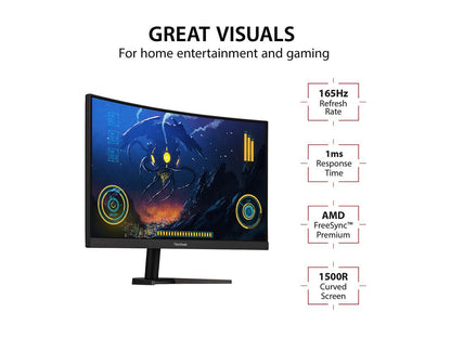 ViewSonic VX2468-PC-MHD 24 Inch Full HD 1080p 165Hz 1ms Curved Gaming Monitor with AMD FreeSync Premium Eye Care Frameless HDMI and Display Port