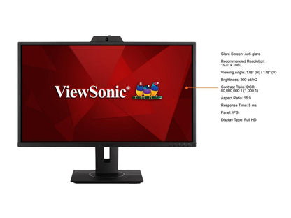 ViewSonic VG2740V 27 Inch 1080p IPS Video Conferencing Monitor with Integrated 2MP Camera, Microphone, Speakers, Eye Care, Ergonomic Design, HDMI DisplayPort VGA Inputs for Home and Office