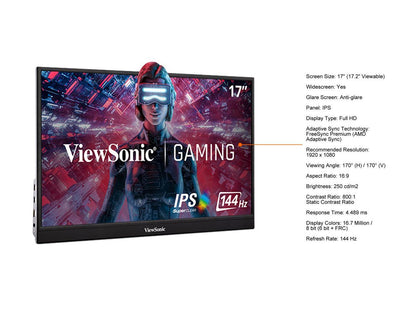 ViewSonic VX1755 17 Inch 1080p Portable IPS Gaming Monitor with 144Hz, Mobile Ergonomics, AMD FreeSync Premium, USB-C, and HDMI for Home and Esports