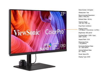 ViewSonic VP2776 27 Inch 1440p Premium USB-C Monitor with 165Hz, ColorPro Wheel, Pantone Validated, Delta E<2 Color Accuracy, HDMI, USB, DisplayPort for Professional Home and Office