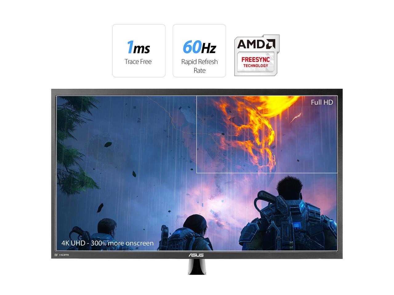 ASUS VP28UQG 28" Ultra HD 3840 x 2160 4K Resolution 1ms 2 x HDMI, DisplayPort FreeSync Technology Asus Eye Care with Ultra Low-Blue Light Flicker-Free Technology Widescreen LED Backlit LCD Monitor