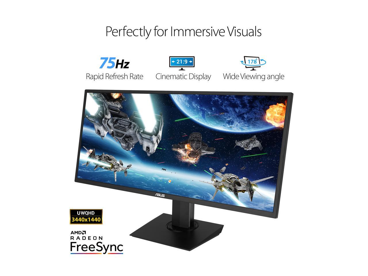 ASUS VP348QGL 34" Quad HD 3440 x 1440 75Hz 4ms 2xHDMI DisplayPort Adaptive-SYNC/FreeSync HDR-10 Blue Light Filter Flicker Free Asus Eye Care Built-in Speakers Ultra Wide Backlit LED Gaming Monitor