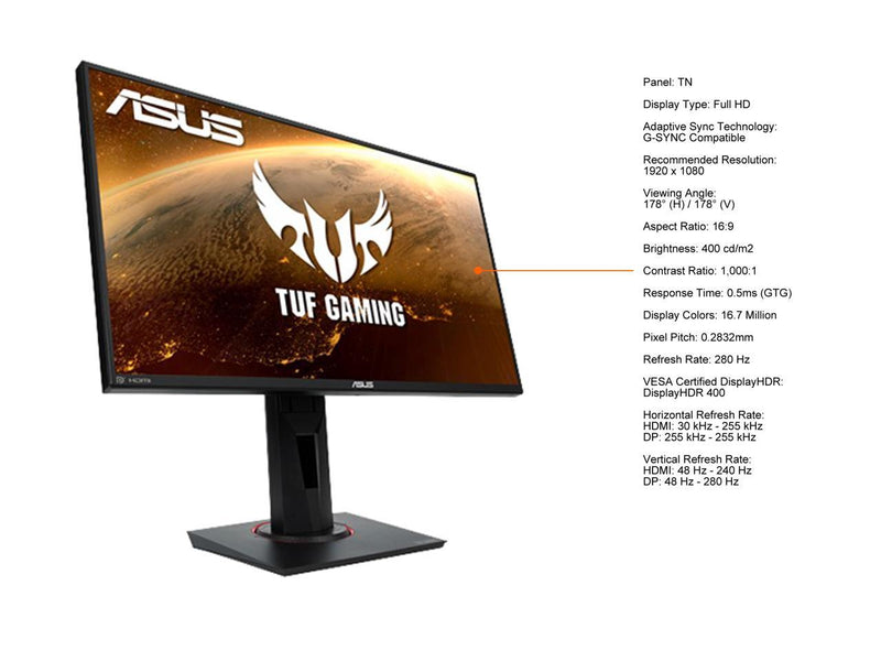 ASUS TUF Gaming 25" (24.5" Viewable) 1080P HDR Monitor VG258QM - Full HD, 280Hz (Supports 144Hz), 0.5ms, Extreme Low Motion Blur Sync, G-SYNC Compatible, DisplayHDR 400, Speaker, DisplayPort HDMI, Height Adjustable