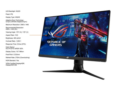 ASUS ROG Strix 27" 1440P HDR Gaming Monitor (XG27AQM) - QHD (2560 x 1440), Fast IPS, 270Hz, 0.5ms, Extreme Low Motion Blur Sync, G-SYNC Compatible, DisplayHDR 400, Eye Care, DisplayPort, HDMI, USB 3.0