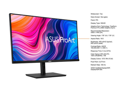 ASUS ProArt Display 32" 1440P Monitor (PA328CGV) - QHD (2560 x 1440), IPS, 165Hz, 95% DCI-P3, 100% sRGB/Rec.709, Delta E < 2, Calman Verified, USB-C Power Delivery, DisplayPort, HDMI, USB 3.1 Hub, C-clamp